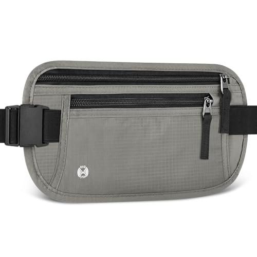 Aucuu Cinturones de Dinero Ocultos, Riñonera de Seguridad Antirrobo, Riñonera Viaje con Bloqueo RFID, Riñonera Deportiva, Cinturón Ajustable, para Pasaportes Tarjetas Efectivo-Gris Claro