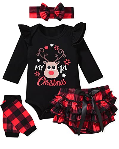 Image of Newborn Baby Girls Christmas Clothes Outfits Infant Reindeer My First Christmas Bodysuit Romper Shorts Clothing Sets for Xmax