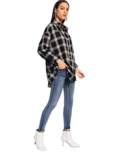 SweatyRocks Women's Long Sleeve Collar Plaid Long Button Down Shirt Blouse Tops Black X-Large