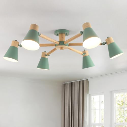 Schindora Verde Lampadario Camera Da Letto 6 Luci,Legno E Ferro Lampadario Soggiorno A Bracci Luminosi Regolabili lampadari E27 Ø82Cm Moderno Lampadario Cucina Per Letto Casa Camera Salotto