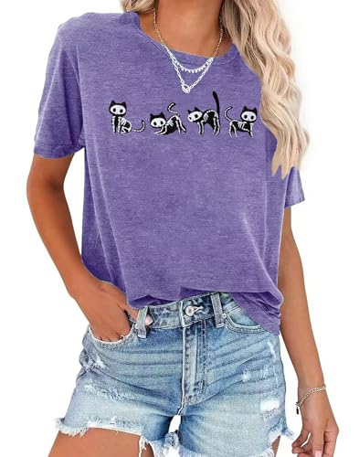Halloween Shirts for Women: Embroidered Cat Graphic Tshirts Tops Skeleton Cats Short Sleeve Blouse2