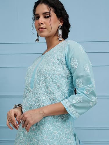 Image of Ada Women's Cotton Straight Fit Straight Hand Embroidered Lucknowi Chikankari Kurta Kurti A411165