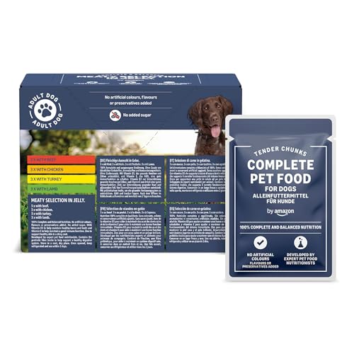 by Amazon Alimento completo para perros adultos, Selección de carnes en gelatina, 1,2 kg (12 bolsa de 100g)