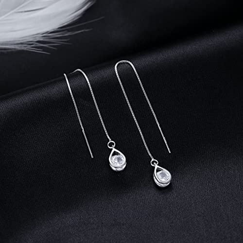 Reffeer Solid 925 Sterling Silver CZ Droplet Chain Dangle Earrings for Women Teen Girls Tassel Dangle Earrings Threader4