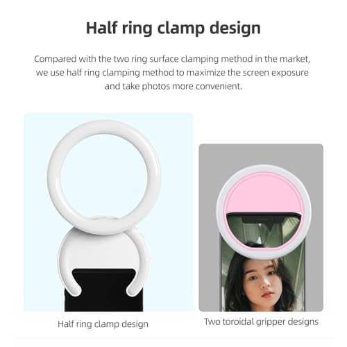 10cm/4in Phone Ring Light 2W Bi-Color Selfie Light Clip-on Phone Light 3000K-7000K Color Temperature Dimmable 5 Level Brightness 180°Rotatable Compatible with 15/14/13/12 Android Mobile Phone
