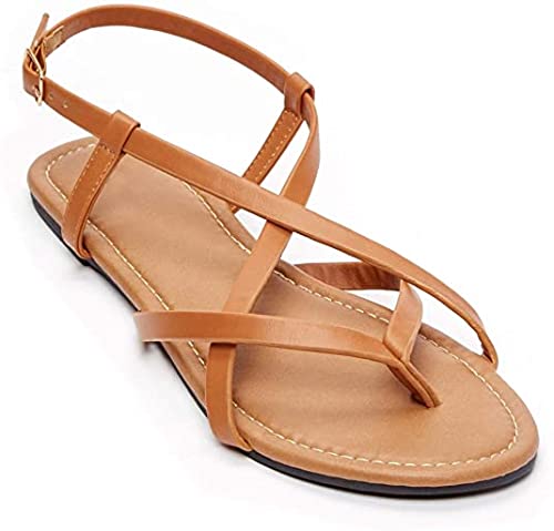 Charles Albert Classic Strappy Gladiator Flat Sandals for Women, Ankle Strap Travel Flats for Ladies, Cognac, 9