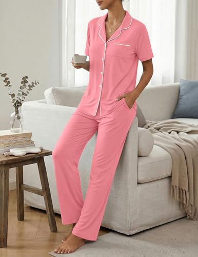 Image of ZMJ Womens Pajamas Sets 2 Piece Button Up Pj Sets Short Sleeve with Long Pant