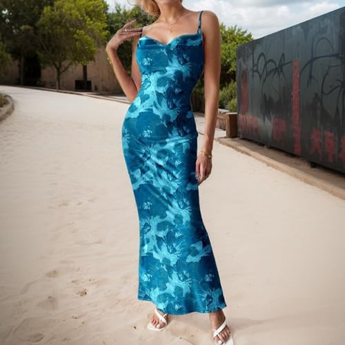 Image of Womens Summer Casual Floral Dresses Spaghetti Strap Bodycon Maxi Beach Dress Elegant Evening Party Long Dresses (US, Alpha, Large, Regular, Regular, Z Blue)