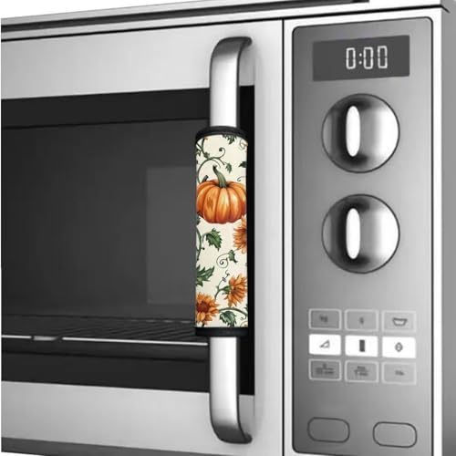 Image of Fridge Door Handle Covers Set of 6 Kitchen Appliance Decor Handles Glove Anti-Slip Protectors Washable Fabric Refrigerator Decor Accessories, Pumpkin Sunflower Light Beige Fall Autumn Decor