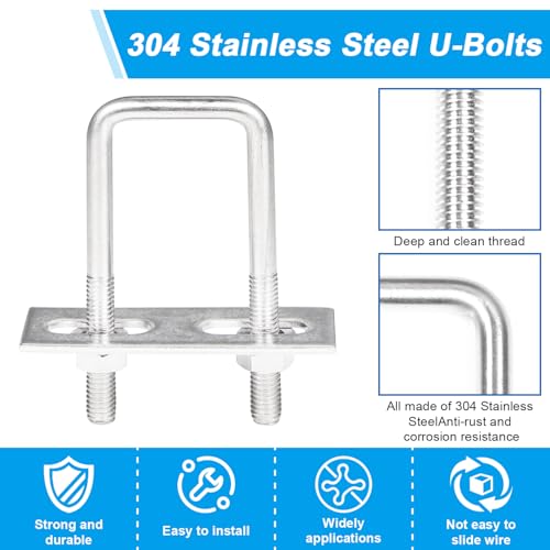 Image of 4 Pack Square U-Bolts 1 inch /25mm Inner Width 2.75 inch /70mm Length 304 Stainless Steel U Bolts M6 with Washers & Nuts & Frame Plate for Automobiles Trailer, Ski Boat, or Sailboat Trailer