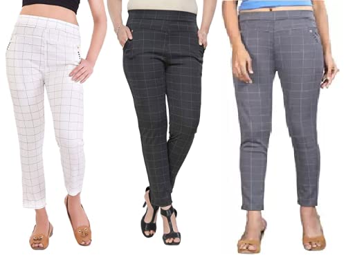 THE ELEGANT FASHIONWomen's Regular Fit Checks Stretchable Trouser Pants Girls Ankle Length Stylish Lycra Checked Printed Jeggings/Pant Regular Fit Track Pants, Free Size (White_Black_Grey)