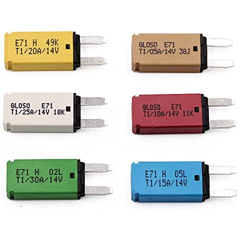 T Tocas Auto Reset Fuse E71 ATM Low Profile Mini Blade Style Automatic Circuit Breaker T1 14V DC 5A 10A 15A 20A 25A 30A Boat Marine RV Car Truck (6pcs Mixed Cover
