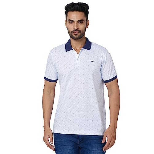 Image of Park Avenue Men's Cotton Polyester Blend Print Pattern Slim Fit Rib Collar Polo Neck Half Sleeve Casual T-Shirt