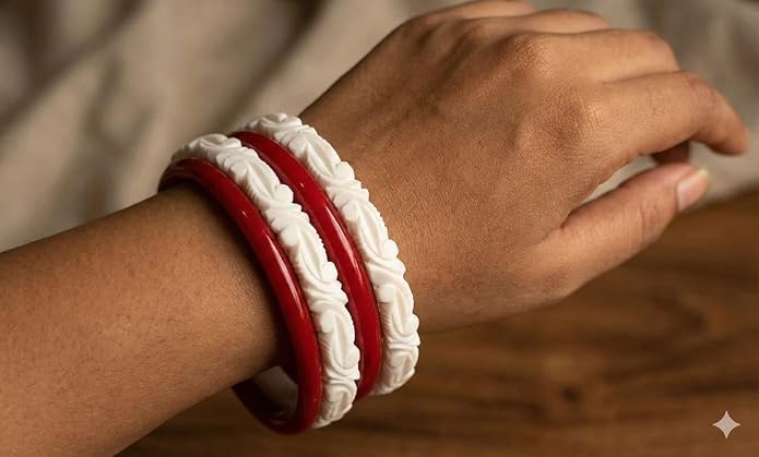 Image of HAPPYCRAFT Original Shakha Pola Bangles - (Pack of 4) | Bengali Traditional Red and White Acrylic Bangles Set for Married Women | Jewellery for Puja Wedding Bridal Ethnic Wear | Comfortable