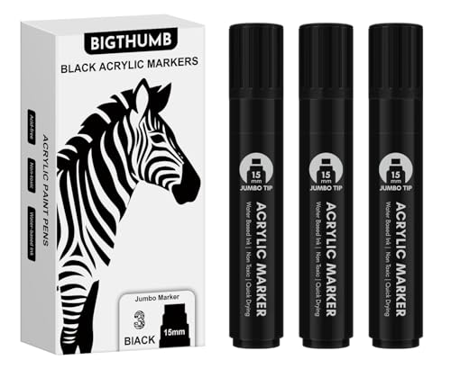 BIGTHUMB 3 Pcs Black Jumbo Permanent Markers: 15mm Wide Tip Thick Acrylic Paint Pen Large Calligraphy Marker for Rock Painting, Poster, Sign, Canvas, Glass, Wood, Ceramic