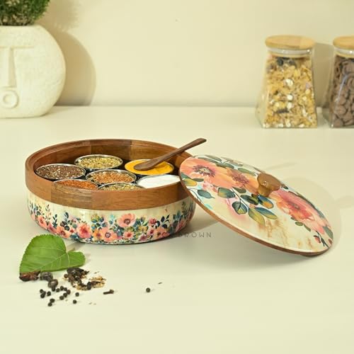 Brick Brown ® Wooden Pastel Flora Enamel Coated Masala Box for Ki...