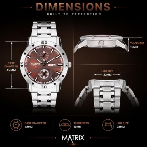 Image of Matrix Superior Analog Watch for Men | Black, Blue, Green & White Dial Stainless Steel Chain Strap Watch | Day & Date Display | Quartz Movement | Stylish Casual & Formal Wrist Watch for Boys & Men