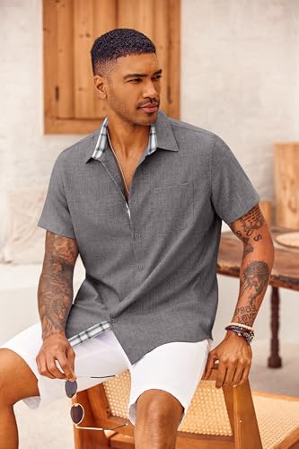 COOFANDY Herren Hemd Kurzarm Sommer Freizeithemd Regular Fit Casual Strand Hemd mit Karierte Hemdleiste – Bild 4