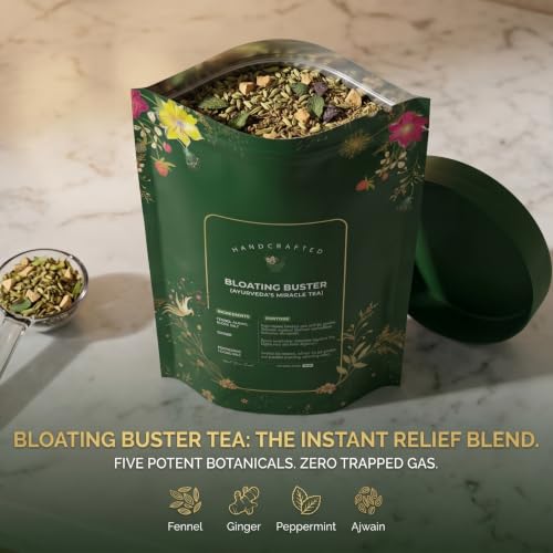 Image of Tea Treasure Bloating Buster Ayurveda's Miracle Tea | Supports Digestion, Reduces Bloating, Gas, Acidity & Burping | Fennel, Ginger, Ajwain, Peppermint & Black Salt | Feel Light After Every Meal | Caffeine Free Herbal Tea - 100g