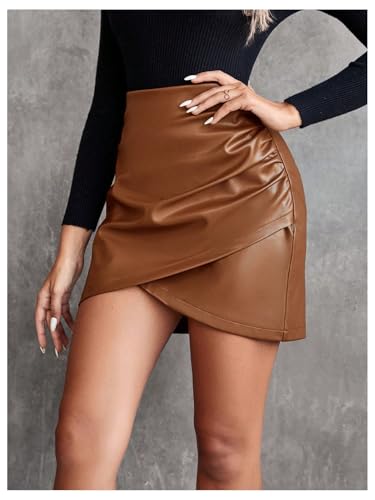 Women's High Waisted Pu Skirt Wrap Ruched Bodycon Mini Skirts2