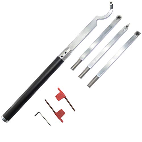 Carbide Tipped Wood Turning tools set Lathe Rougher Finisher Detailer Swan Neck Hollower Tools and Interchangeable Aluminum Alloy Grip Handle with Diamond Round Square Carbide Inserts AT04