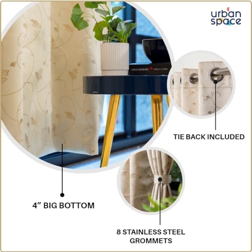 Image of Urban Space 80-85% True Blackout Curtains for Window, Gold Foil Printed Blackout Curtains, Decorative Window Curtain Eyelet with Tieback, 1 Piece Curtain for Living Room(Floral Vine Beige, 5 Feet)