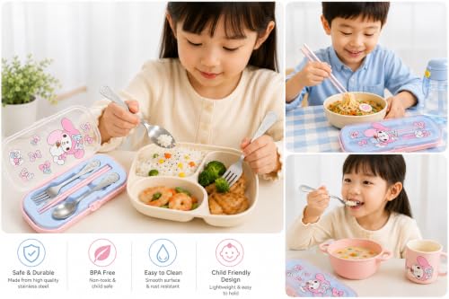 Image of Kids Cutlery Set with Box | Stainless Steel Spoon /Fork /Chopsticks | BPA-Free Food Grade Portable Lunch Utensils for School, Travel, Picnic & Camping