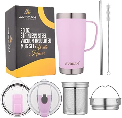 AVODAH 20 oz Tea Cup with Infuser and Lid. Tea Infuser Mug with Tea Infuser, Tea Strainer, Two Lids & Straw. Dishwasher Safe Coffee Travel Mug with Tea Accessories for Cold Brew Coffee or Tea (Lilac)