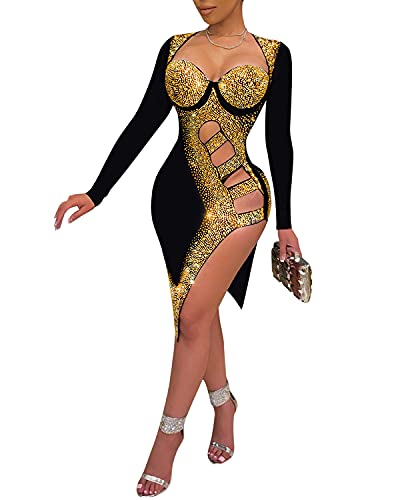 Image of PORRCEY Women's Sexy Elegant Rhinestone Mesh Party Club Night Mini Dress