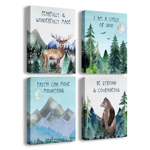 Image of Forest Animals Bible Verse Canvas Wall Art , Inspirational Quote Wall Art, suitable for Kids Room,Playroom Nursery Decor | 4-pack(29 x 38 cm) Framed B