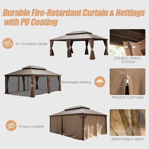 Domi 14' X 22' Hardtop Gazebo Outdoor Metal Gazebo Canopy with Galvanized Steel Double Roof, Aluminum Frame, Curtains and Netting for Patio, Deck, Garden, Brown - Image 7