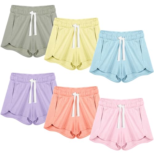 Boyiee 6 Pcs Girls Athletic Running Shorts Gym Workout Shorts with Pocket Drawstring Activewear for Kids Soccer Basketball