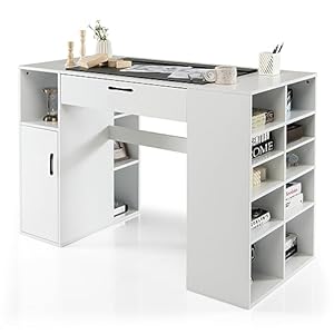 Giantex Craft Table with Storage, Artwork Sewing Table 14 Large & Small Storage Compartments, 1 Sliding Drawer, 1 Cabinet with 2 Shelves, 36” Counter Height Drafting Writing Sewing Station Desk