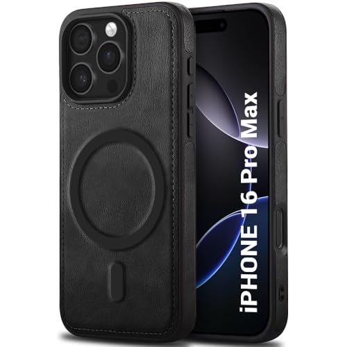 Image of TheGiftKart Genuine Leather Finish Back Cover Case for iPhone 16 Pro Max | ShockProof Design | Raised Edges for Camera & Screen Protection | Stunning Minimalist Design Case (MagSafe Compatible, Black)