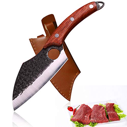 Boning Knife with Leather Sheath, Meat Cleaver Knives, Hand Forged Boning Knife with Sheath, Carbon Steel Meat Butcher Chef Knife, Fishing Filet Knife for Kitchen, Camping, BBQ with Gift Box