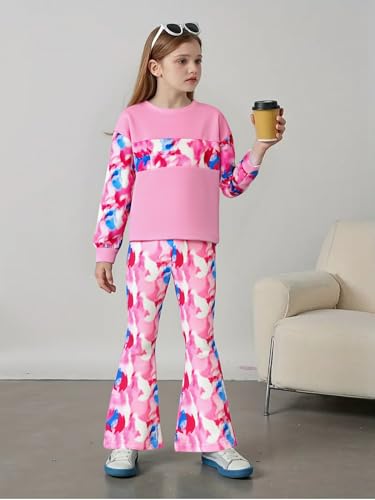Image of OLMRJKD Girls 2 Piece Outfits Long Sleeve Letter Printed Sweatshirt & Flared Pants Fall Clothing Set Size 7-14 Years