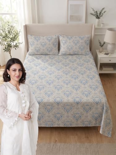 Image of Mafatlal 144 TC Floral Double Bed Sheet Cotton, 90x100 Double Size bedsheet with Pillow Cover, Pure Cotton bedsheets Double Bed, Full Bed Cover Set|Warm Gray
