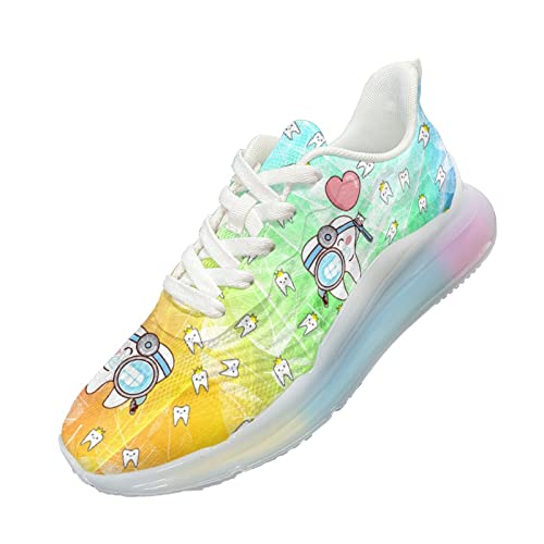 Kuiaobaty Chaussures de marche confortables pour femme, pattes, étoiles, imprimé zèbre, chaussures de course légères et respirantes en maille pour filles, Joli motif de dents jaune, 39 EU Cover