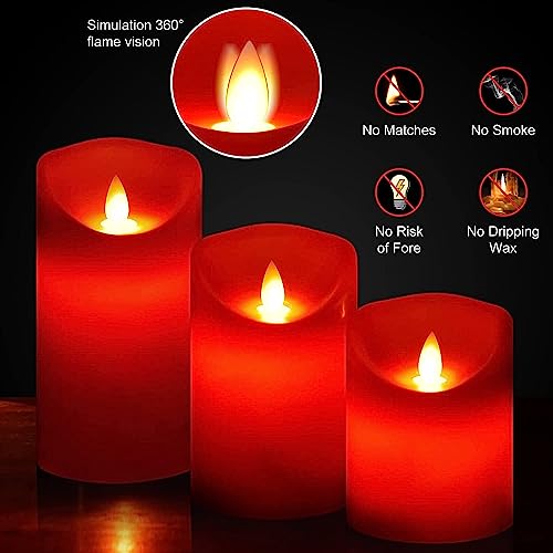 Image of Flameless Battery Operated Flickering Candles:3PACK Red Real Wax Pillar Candle,Electric LED Candle with 10-Key Remote Control and 24 Hours Timer for Home Decoration Holiday Party