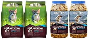 Meat Up Kitten (1-12 Months) Dry Cat Food, Ocean Fish, 600g (Buy 1 Get 1 Free) & Meat Up Mutton Flavour, Real Chicken Biscuit, 500g (Buy 1 Get 1 Free)