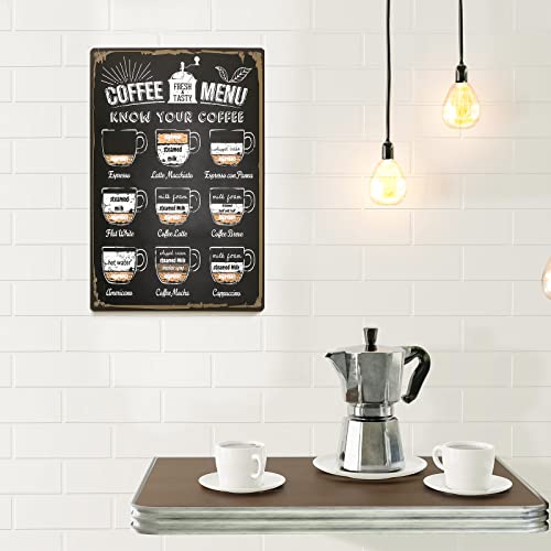 Ripeng Know Your Coffee Menu Sign 12 x 8 Inch Metal Vintage Coffee Bar Wall Decor Accessories for Kitchen Wall Home Farmhouse Shelf, Black