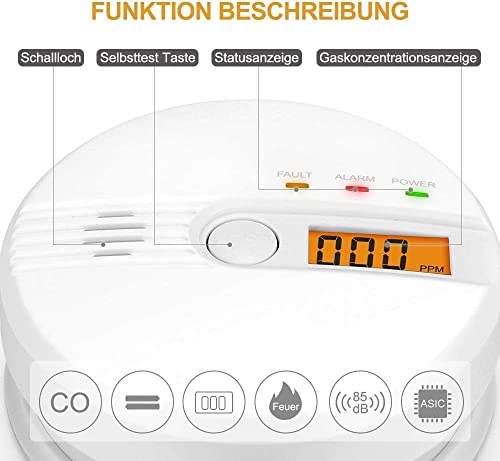 Kohlenmonoxid Warnmelder LCD Anzeige CO Melder 85Db Alarm Kohlenmonoxidsensor Kohlenmonoxid Melder mit Prüftaste Batteriebetrieb(ohne Batterien) GAS-96776