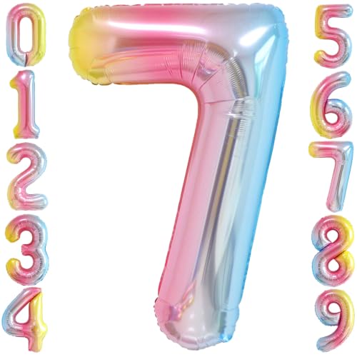 Image of Rainbow Gradient Number 7 Balloon 40 Inch Big Large Balloons 0-9 | 7th Helium Foil Mylar Number Balloons for Birthday Anniversary Party Decorations