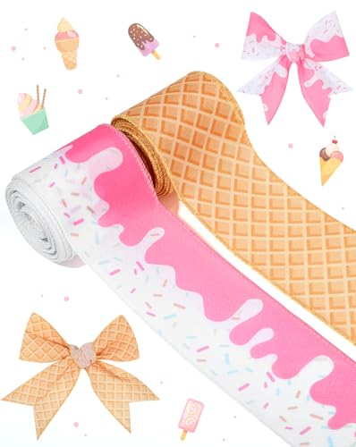 Liobelon 2 Rolls Ice Cream Cone Wired Edge Ribbon Summer Ribbons Pink Sprinkles Craft Fabric Ribbon 2.5" Wide 10 Yards Dessert Ribbons for Wreath Bow DIY Wrapping Bows (Pink)