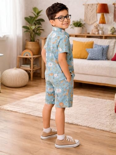 Image of superminis Boys Coordinated Set With Printed Rayon /Cotton Shirt and Shorts