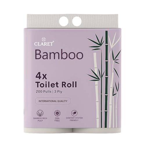 Image of Claret Bamboo 3-Ply Toilet Roll (10 x 10 cm) | 200 Pulls Eco-Friendly | 4 Toilet Rolls in 1 Pack | OBA Free | Natural Bamboo Pulp (Pack Of 3 (12 Rolls))