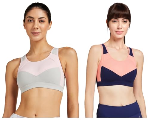 Image of Van Heusen Women's Cotton Proactive Wireless Padded Racerback Sports Bra - Anti Bacterial, Full Coverage, Medium Impact (Pack of 2), Assorted