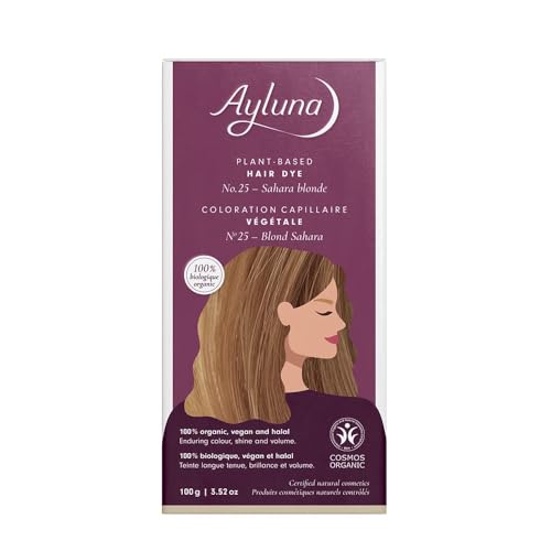 Ayluna Pflanzenhaarfarbe 25 Saharablond, vegane Haarfarbe mit Henna, indischer Krapp, Fenugreek & Kamille, für eine langanhaltende Färbung, Glanz & Volumen, Ammoniakfrei, 100% Grauhaarabdeckung, 100g