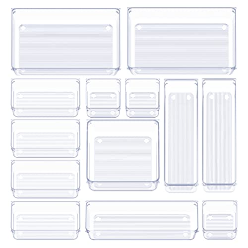 13 Pcs Drawer Organizer Set Clear Plastic Storage Bins Office Desk Drawer Dividers Trays With Non-Slip Silicone Pads, Dresser Separation Box For Makeup, Jewelries And Gadgets, Bedroom, Bathroom #TOP13
