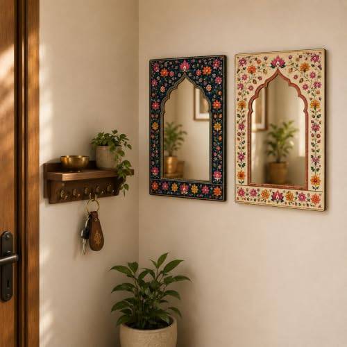 Image of American Elm Pack of 2 Jharokha Mirror Wall Decor for Home Decor Living Room Bedroom and Entryway Indian Floral Arch Acrylic Mirror Wall Hanging